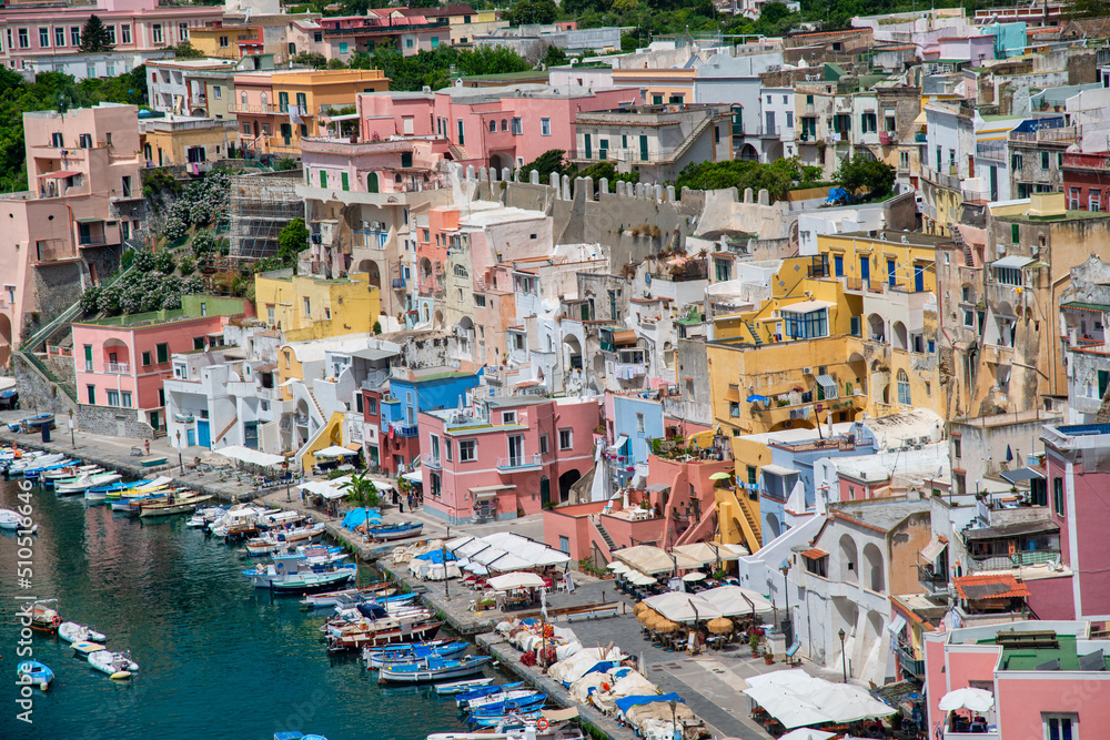 Aerial view of Procida Island beautiful homes, Italy. Marina Corricella