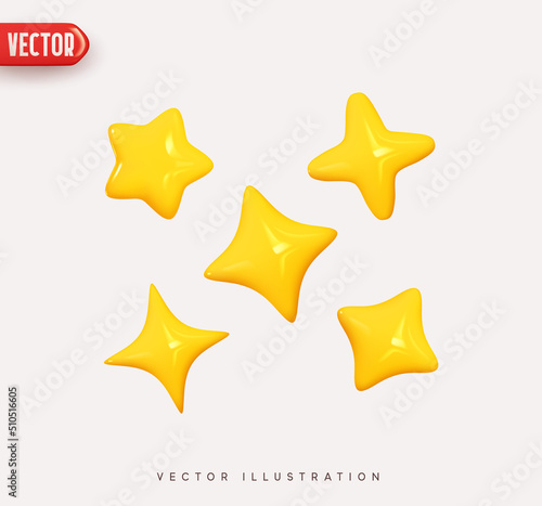 Set of yellow stars different shapes. Five stars glossy colors. Realistic 3d design cartoon style. Festive Christmas star bright light soft tone  with decorative holiday elements. vector illustration