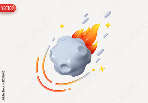 Flying asteroid with fire. Abstract minimal comet. Meteorite flies and plume of fire. Meteor stone. Realistic 3d design In plastic cartoon style. Vector illustration