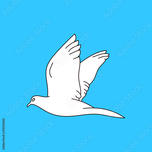 white dove line art illustration on blue background. Beautiful pigeons faith and love symbol.