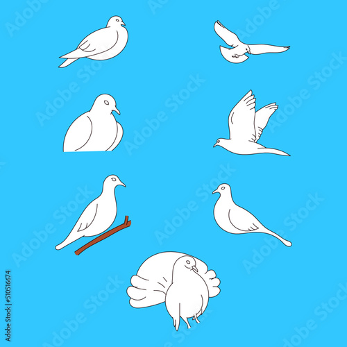 Set of Seven white doves line art illustration on blue background. Beautiful pigeons faith and love symbol.