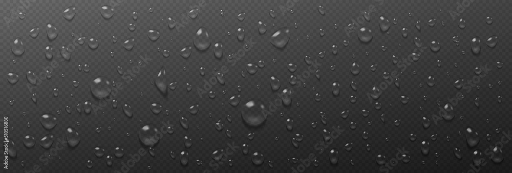 Condensation water drops on transparent background. Rain droplets with light reflection on dark surface, abstract wet texture, scattered pure aqua blobs pattern Realistic 3d vector illustration - obrazy, fototapety, plakaty 
