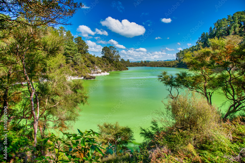 Lake Ngakoro wonderful colors in spring, Waiotapu Thermal Wonderland, New Zealand