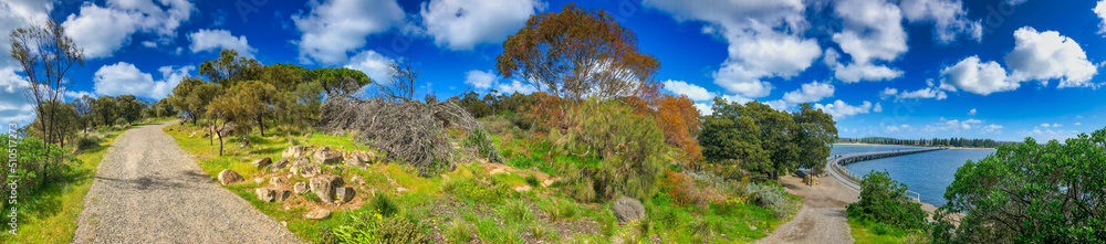 Granite Island, Australia. Beautiful vegetation along the ocean, panoramic view