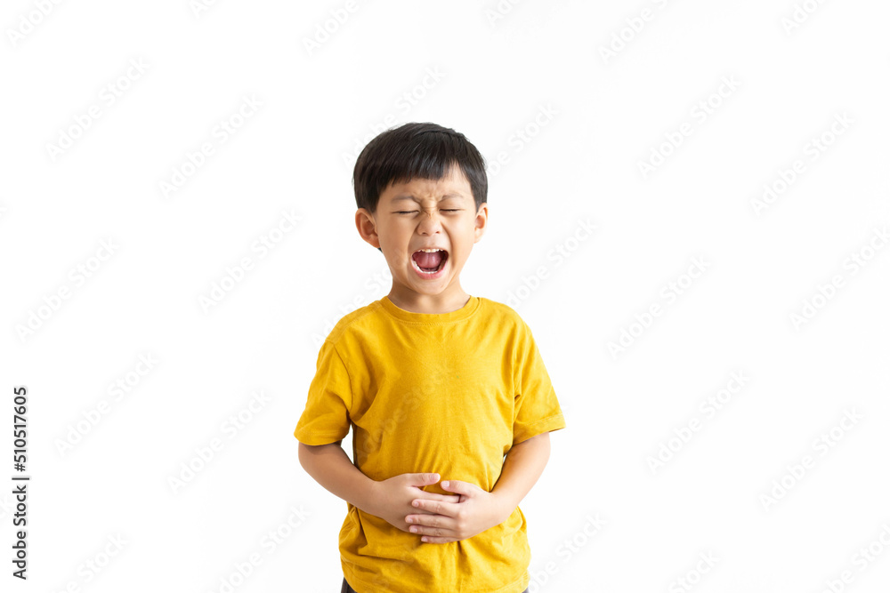 Ulcerative colitis or Hepatitis b liver virus concept.Kid asian child boy stomach pain on white background.food poisoning.childhood pain on his tummy.bellyache.medicine medical health.hepatitis virus. Ulcerative colitis or Hepatitis b liver virus concept.Kid asian child boy stomach pain on white background.food poisoning.childhood pain on his tummy.bellyache.medicine medical health.hepatitis virus.