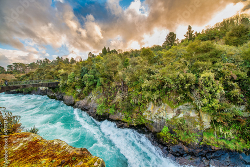 Amazing sunset colors of powerful Huka Falls  New Zealand