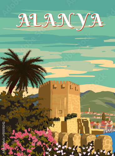 Retro Poster Alanya landmark, Turkey resort, Kizil Kule Red Towert skyline. Vintage touristic travel postcard, placard, vector