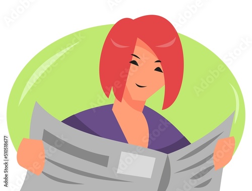 illustration of short hair girl reading newspaper. isolated on a green background. suitable for the theme of news, work, hobbies, information, habits, etc. flat vector style
