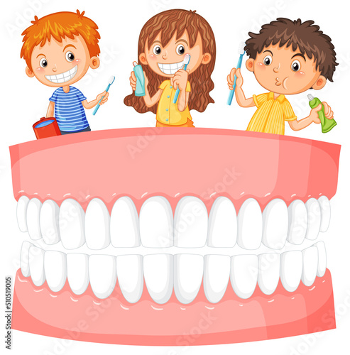 Group of children cleaning teeth