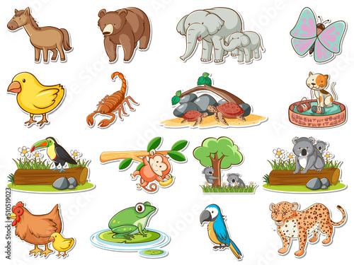 Sticker set of cartoon wild animals