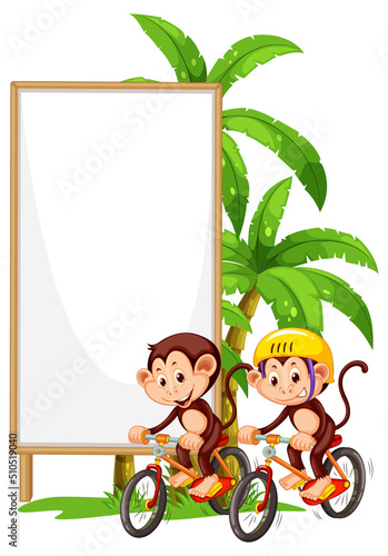 Blank wooden signboard with monkey catoon