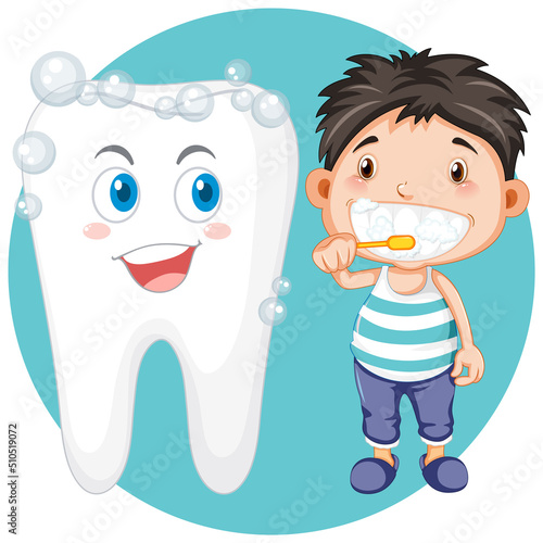 Boy brushing teeth next to healthy teeth