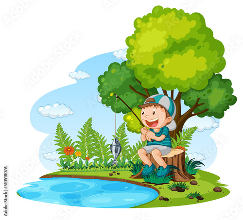Happy boy fishing in pond