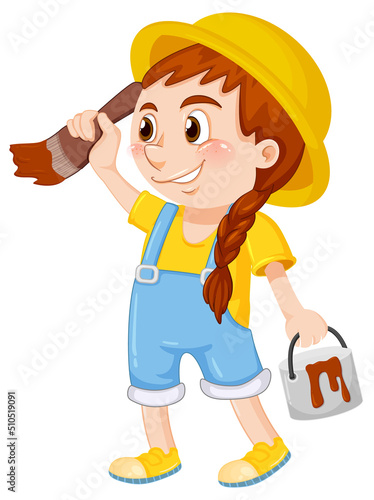 Painter girl holding bush and colour bucket