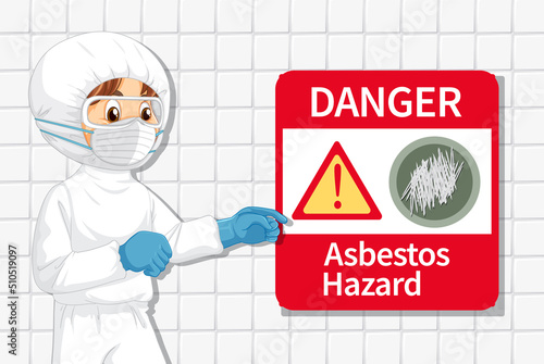 Man in protective hazmat suit with danger asbestos hazard sign