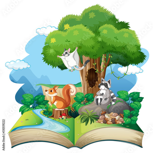Opened fantasy book with cute animals