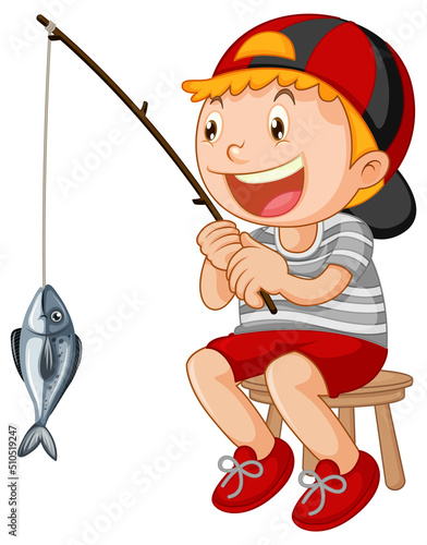 Happy kid sitting on a chair fishing