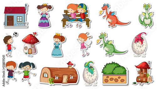 Sticker set of fantasy fairy tale cartoon characters