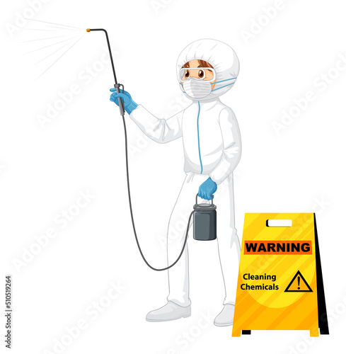Man in protective hazmat suit with cleaning chemicals sign