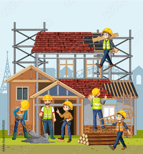 Building construction site with workers