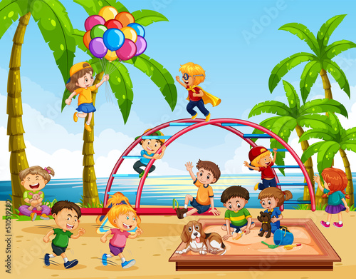 Beach playground with happy children