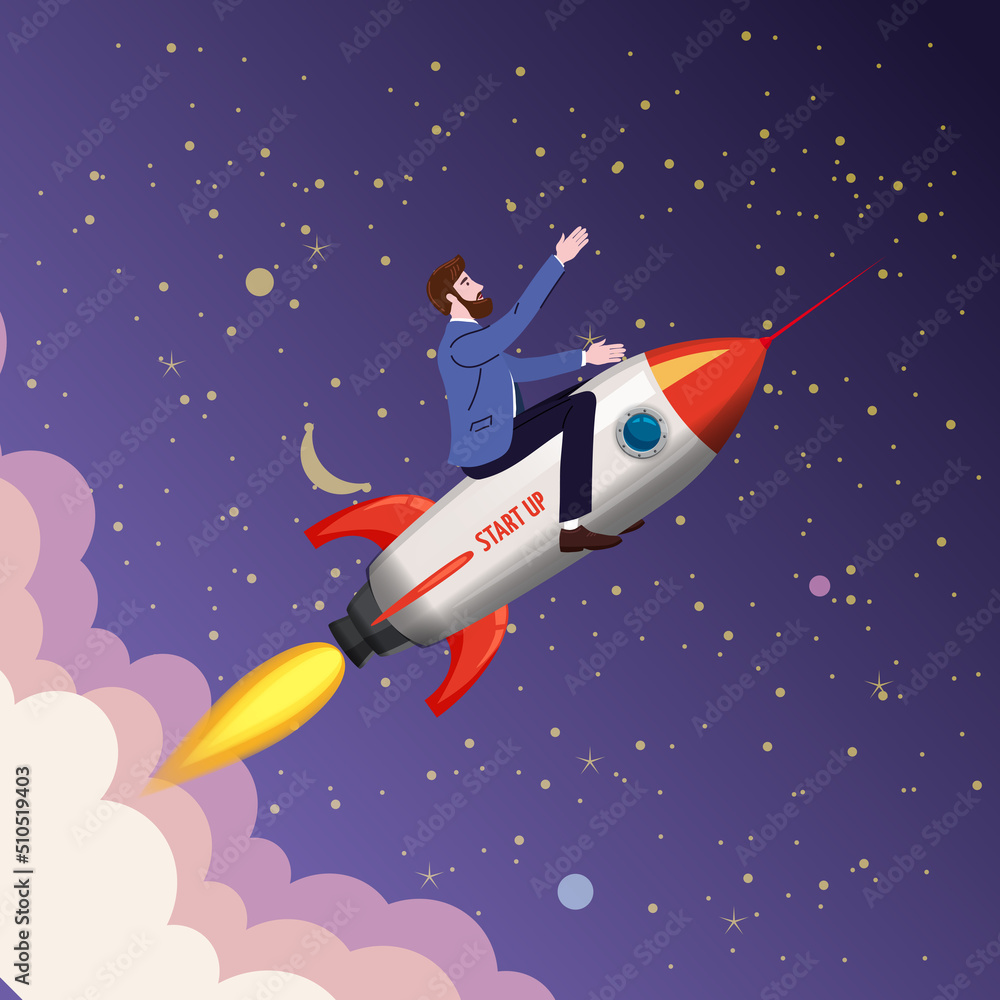 Businessman on a rocket fly through sky. Start up, goal achievement metaphors. Space stars background. Vector illustration