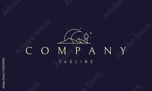 Vector golden logo on which an abstract image of a landscape of tung against the backdrop of a huge moon.