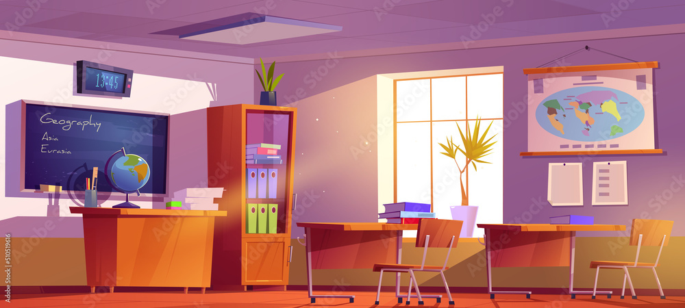 Classroom for geography learning in school. Vector cartoon illustration ...