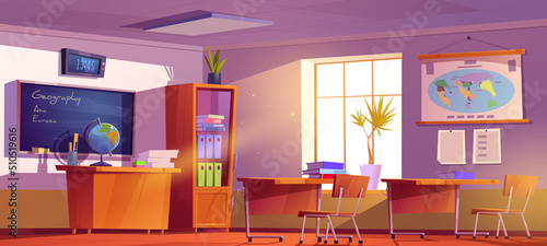 Classroom for geography learning in school. Vector cartoon illustration of empty class interior with blackboard, map on wall, globe, furniture and bookcase