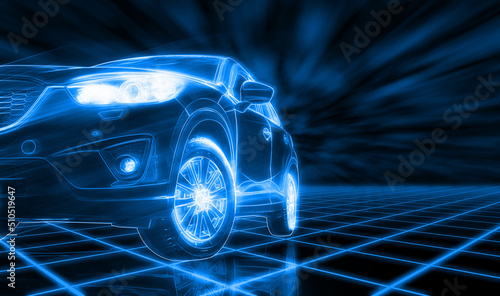 Fotografia Modern SUV car open headlamp parked on dark background in futuristic vehicle concept