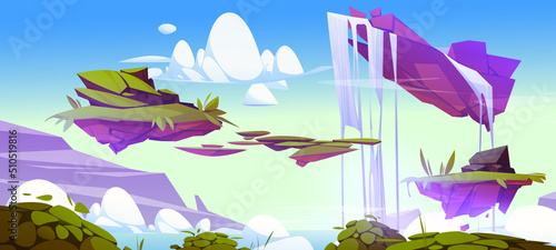 Fantasy summer landscape with floating islands with green grass and waterfall. Vector cartoon illustration with ground pieces flying in sky. 2d land platforms for game background