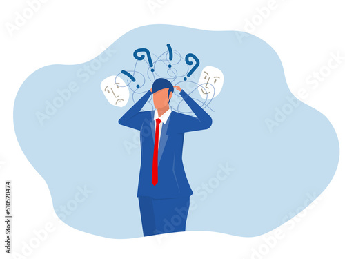 man suffers from obsessive thoughts; headache; unresolved issues; psychological trauma; depression.Mental stress panic mind disorder illustration Flat vector illustration.