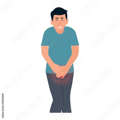 Man feeling severe pain in the lower abdomen. Bladder disease. Pain during cystitis, urethritis, incontinence or other problems of the urethra. Symptoms of prostatitis.Isolated, vector illustration