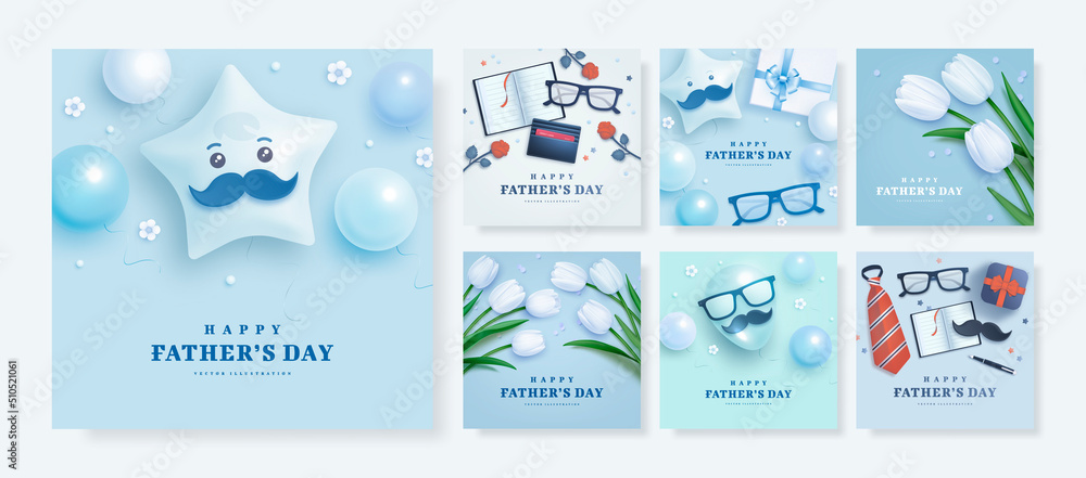 Set of Father's Day poster or banner template with necktie, moustache, notebook, gift box, helium balloons and realistic tulips on blue background