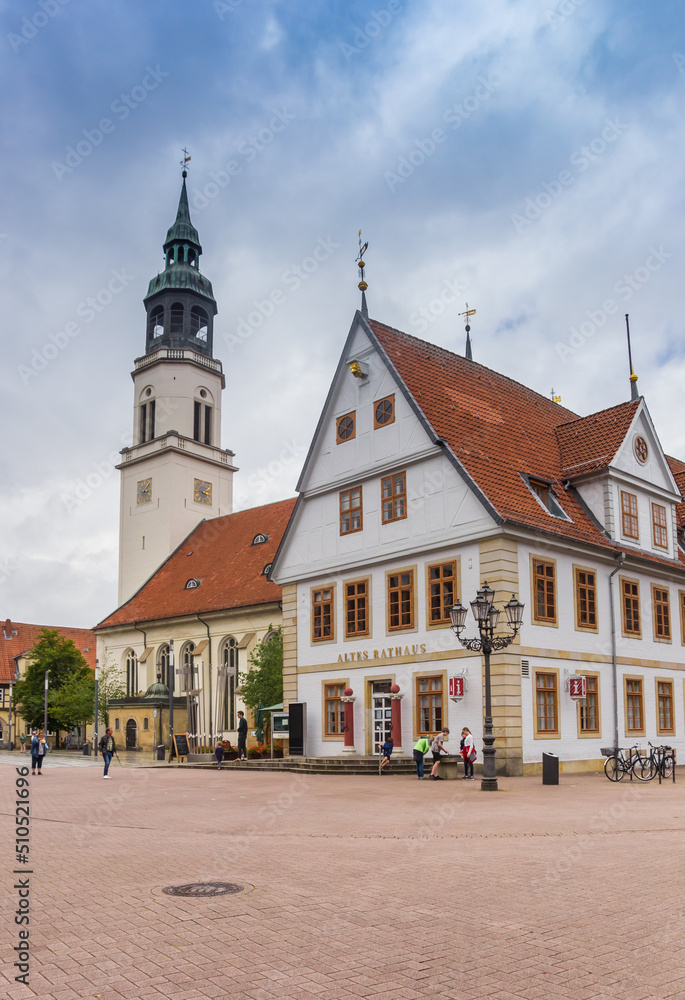Town hall and church tower in the historic center of Celle, Germany