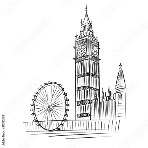 Big Ben London Isolated On A White Background Hand Drawn Illustration	
