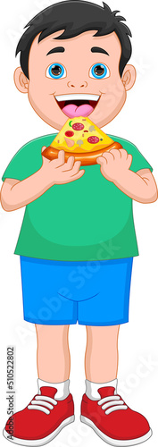 boy eating pizza on white background