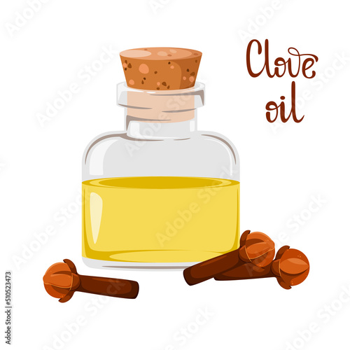 Glass bottle with clove oil. Cartoon design.
