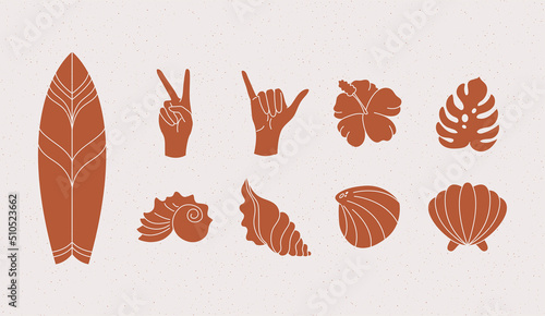 Summer icons set with surfboards, palm leaves, corrals and seashells. Cute sea, ocean and brown background with sand. For social media, accommodation rental and travel services.