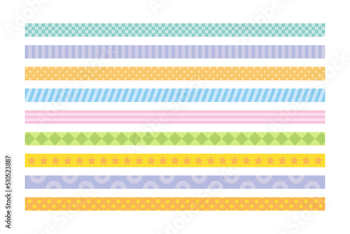 Set of line ornaments in the pattern of stripes, dots, stars, checks, rhombus, squares.