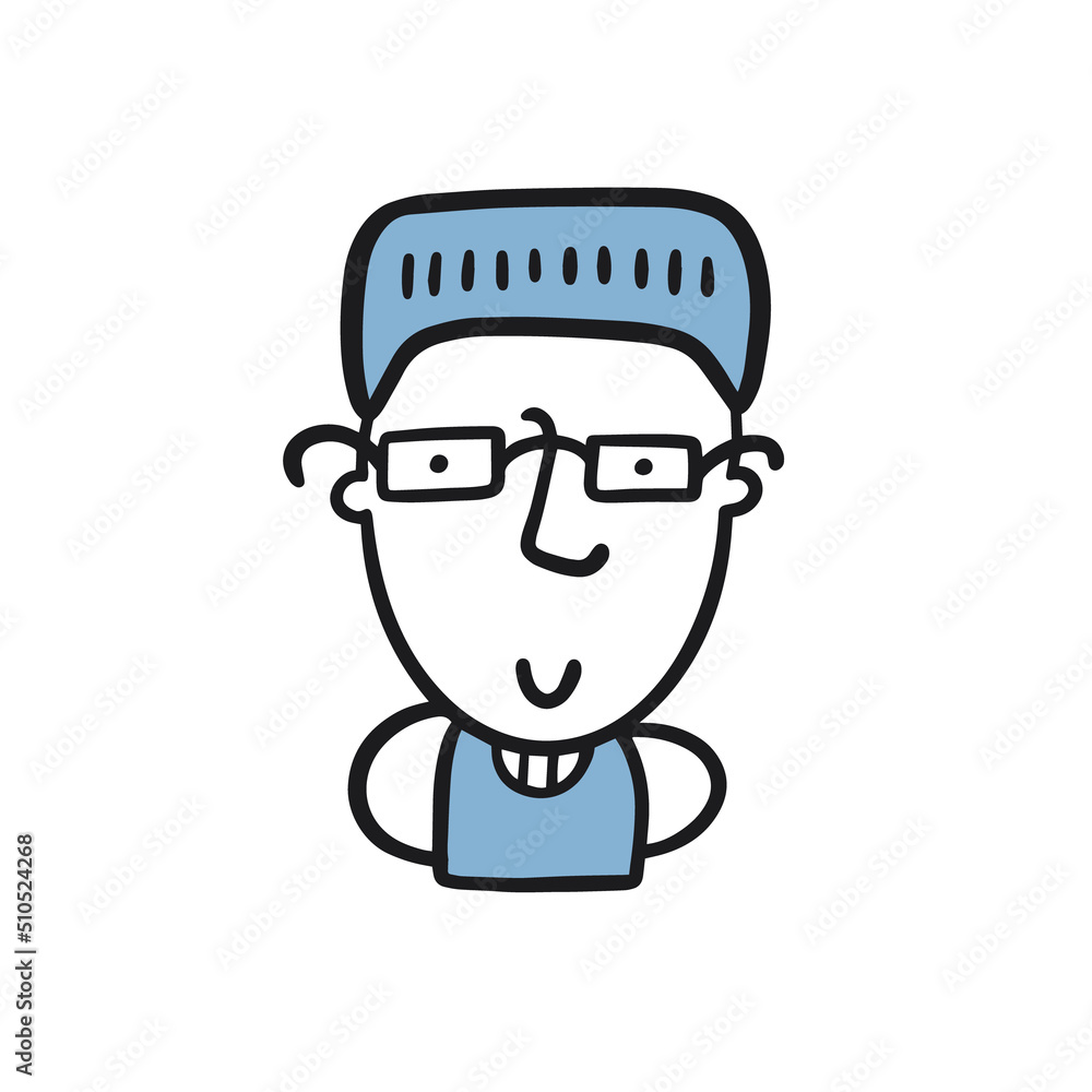 Young man face with hair and glasses. Hand drawn colorful cartoon style. Young man face with hair and glasses. Hand drawn colorful cartoon style.