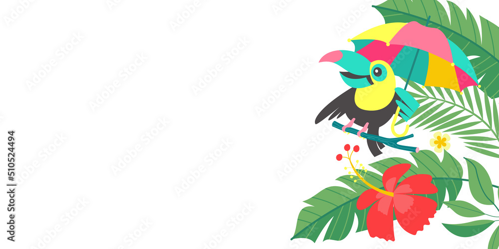 Bright tropical background with a cheerful toucan. Vector illustration.