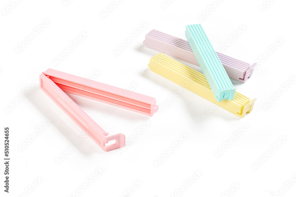 Plastic bag clips on a white background, photo stacking Plastic bag clips on a white background, photo stacking