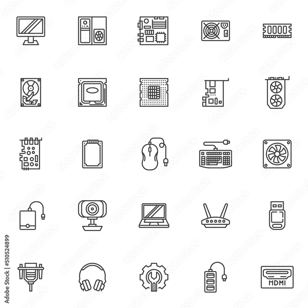 Computer hardware line icons set Computer hardware line icons set