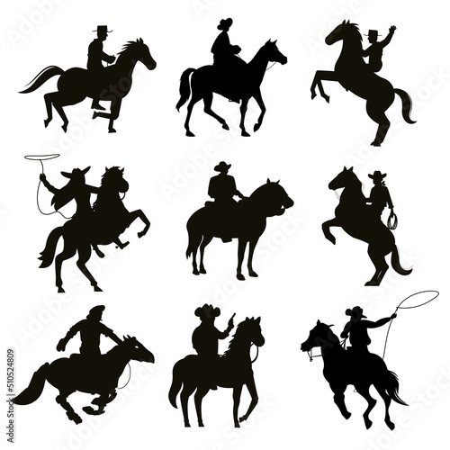 Obraz na plátne Cowboy riding horse characters Silhouettes premium vector