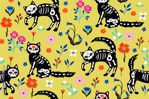 Seamless pattern with skeleton cats and flowers. Vector graphics.