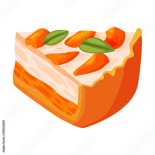 Cut Piece of Baked Pie with Apricot Creamy Filling and Shortcrust Pastry Vector Illustration