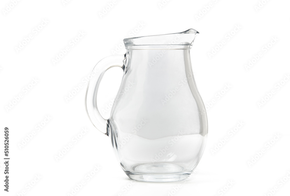 Side view of glass water jug on white background. Space for text, for advertising, menu and printed materials Side view of glass water jug on white background. Space for text, for advertising, menu and printed materials