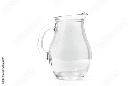 Side view of glass water jug on white background. Space for text, for advertising, menu and printed materials