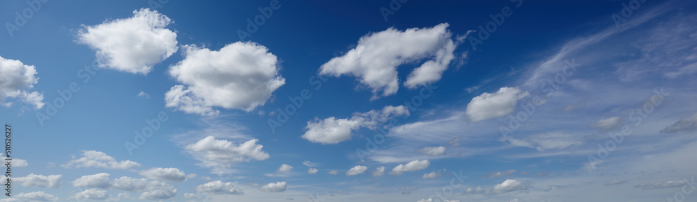Panoramic photo of blurred sky. Blue sky background with cumulus clouds